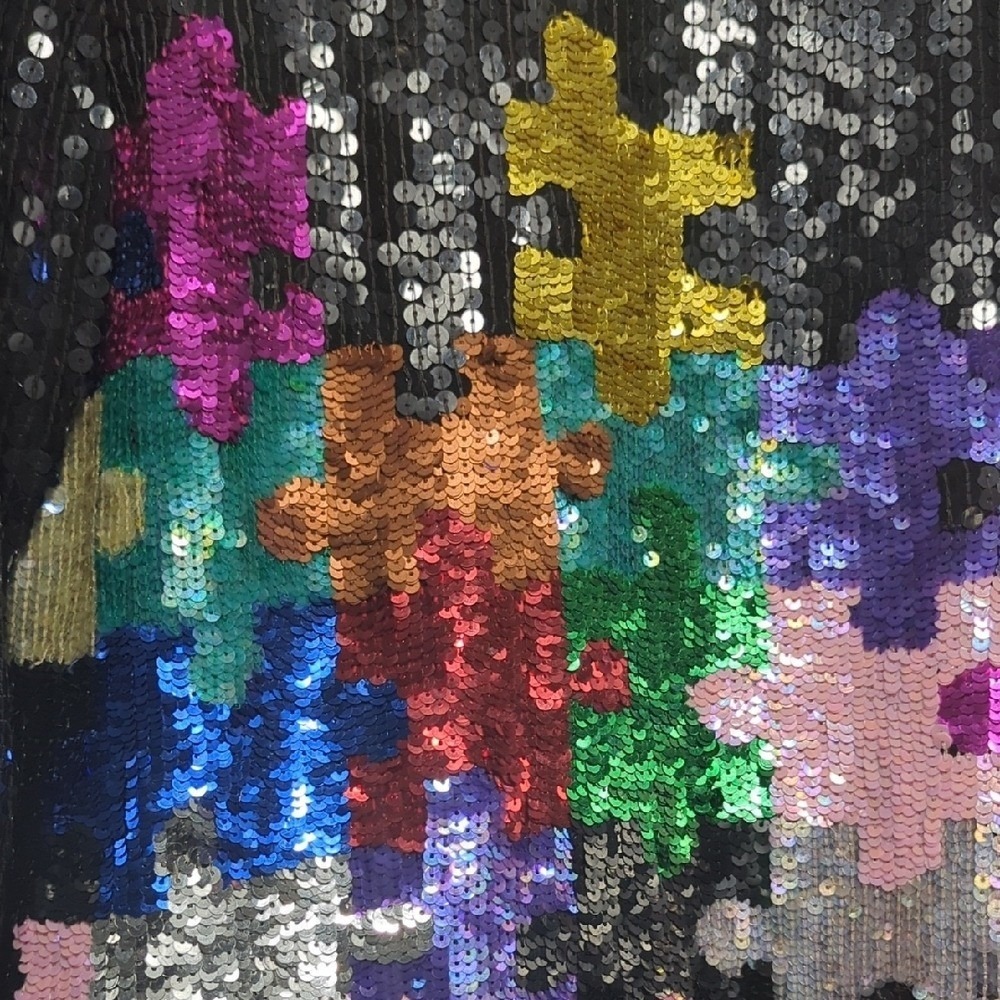 Vintage 80's Sequin Puzzle Piece Silk Colorful Blouse Glass Bead RARE Autism Med - Picture 7 of 16